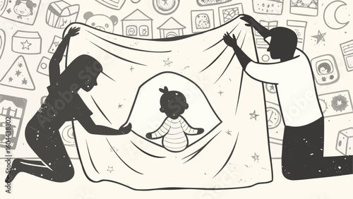 Parents holding up a blanket with a baby underneath surrounded by drawings of toys and household items silhouette
