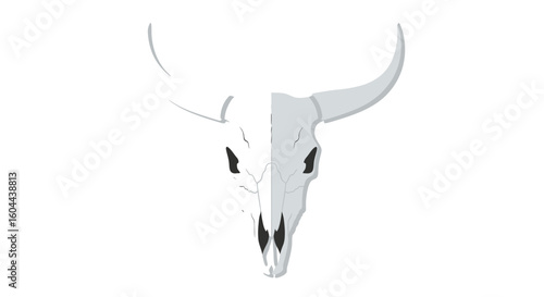 Stylized Bull Skull Illustration in Gray Hues on a Clean White Background Depicting a Symbolic Icon