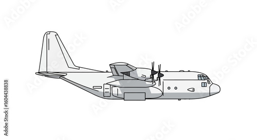 Illustrated military transport aircraft soaring against a stark white backdrop offering a detailed side view showcasing its design 150 characters