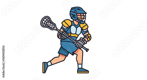 Lacrosse player in action, skillfully wielding stick and helmet in vibrant blue and yellow tones, poised for a dynamic sporting moment