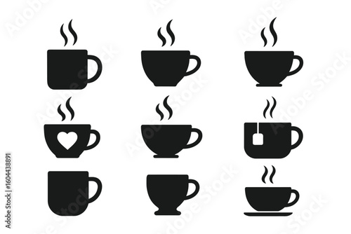 Coffee mug vector icons and tea cup silhouette set. Hot drink symbols with steam, heart, and teabag. Cafe and coffee shop branding elements for logo or web design.