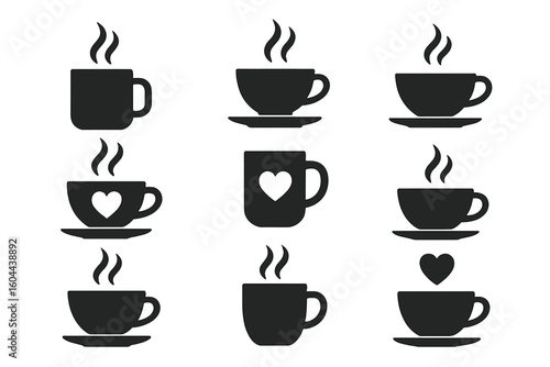 Coffee mug and tea cup vector icon set. Black silhouette collection with steam and heart symbols for cafe logo, coffee shop branding, menu design or hot drink element.