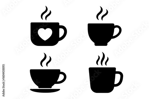 Coffee mug and tea cup vector icon silhouette set. Hot drink and beverage graphic elements with steam and heart. Perfect for a cafe logo, coffee shop branding or a menu.