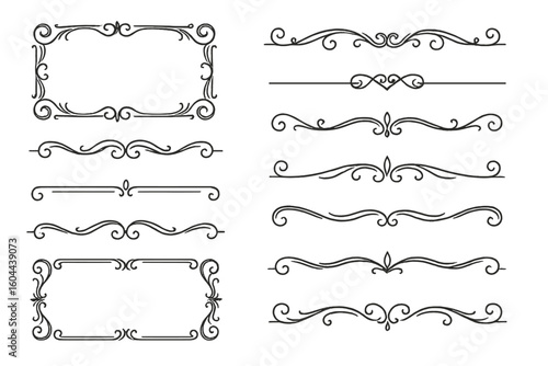 Collection of classic decorative borders and vintage text dividers. Elegant vector calligraphic ornaments. Filigree swirl line frames for invitations and certificates.
