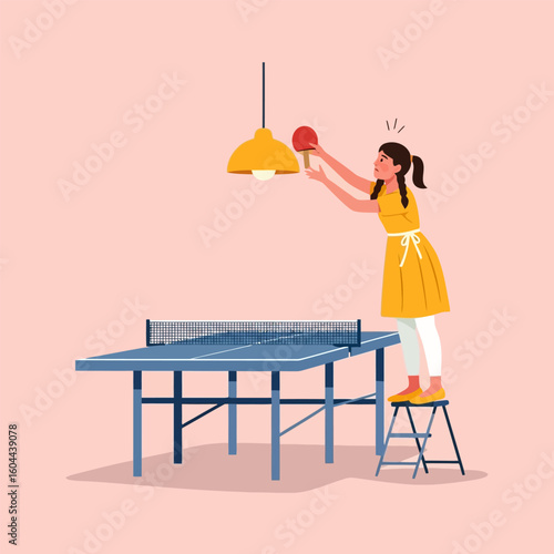 Woman Reaching for Paddle Under Lamp Beside Table Tennis Setup