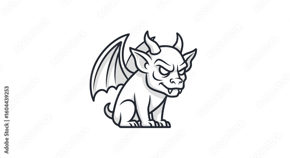 Fototapeta premium Monochrome Illustration Featuring a Cartoon-Styled Winged Creature with Horns, Displaying an Exaggerated Expression