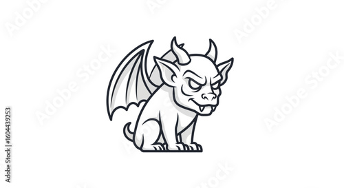 Monochrome Illustration Featuring a Cartoon-Styled Winged Creature with Horns, Displaying an Exaggerated Expression