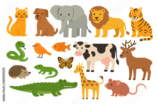 Big set of cute cartoon animal illustrations. Diverse species collection with wild, farm, and pet animals. Zoo, forest, and jungle characters. Vector icons for kids.