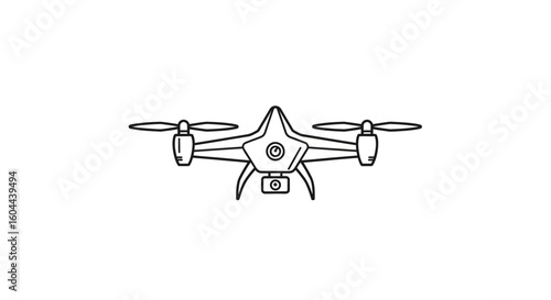 Minimalist line drawing illustration of a drone with rotors isolated on white background presenting technology and aerial capabilities