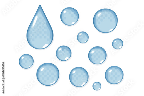 Realistic water drops vector illustration. Pure transparent liquid dew bubbles. Clean aqua droplets, condensation effect. Fresh rain tear on isolated background design.