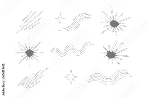 Dynamic line sparkle and line movement elements for graphic design. Abstract motion lines, spark bursts, and wave effects for creative projects and illustrations vector set.