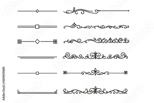 Vector collection of elegant line dividers. Decorative ornamental borders. Vintage flourish and filigree swirl elements for invitation, wedding, certificate, or web design.