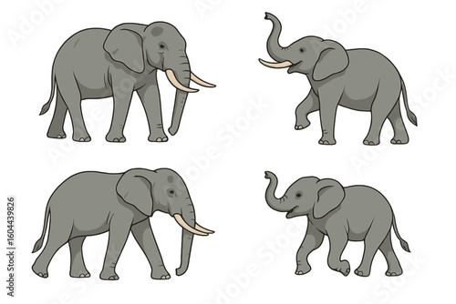 Set of cartoon elephants. Vector collection of adult and baby African elephants in different poses. Walking and standing grey elephant illustrations with tusks isolated.