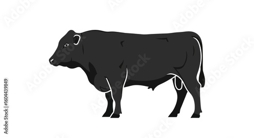 Illustration of a black Angus bull standing in profile isolated against a pure white backdrop creating an eye catching animal graphic