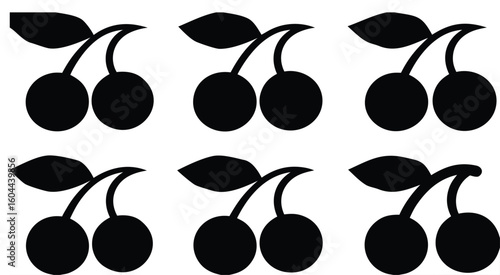 Six pairs of cherries silhouette isolated on transparent background