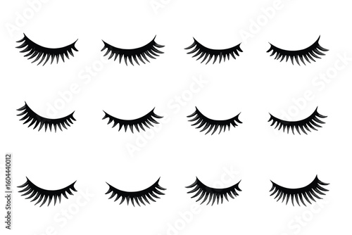 Eyelashes vector set. Lash extension icons. Closed eyes illustration for beauty salon, makeup artist. Glamour fashion design element. Black silhouette isolated.