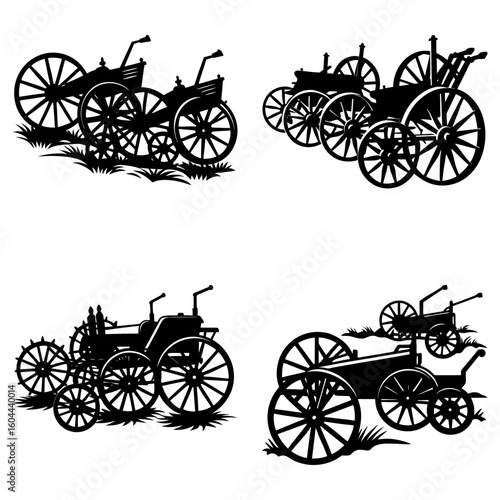 Wallpaper Mural Silhouettes of vintage tractors with large wheels and visible mechanical details arranged in a grid pattern Torontodigital.ca