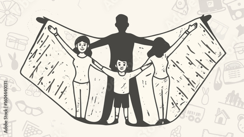 Illustration of a family holding up a large sheet with arms outstretched against a patterned background silhouette