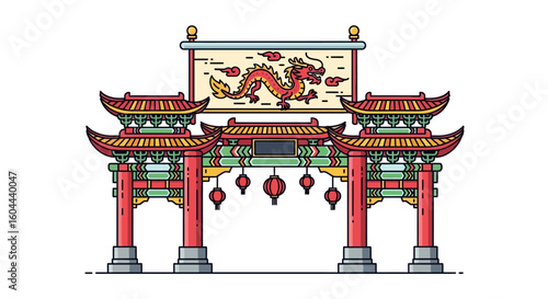 Vibrant Chinese Gate Illustration Featuring Dragon and Traditional Architectural Style  Perfect for Cultural or Travel-Themed Projects