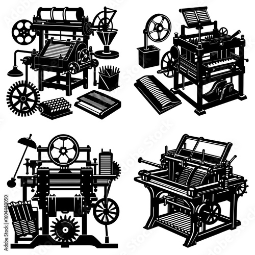 Illustration of four distinct vintage printing presses and related equipment in black and white style