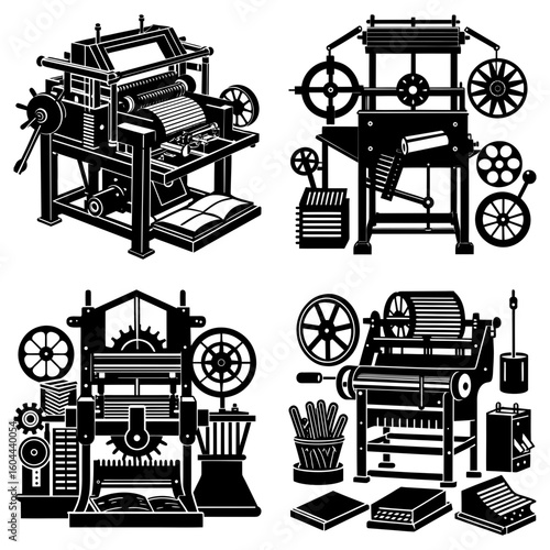 Four vintage printing press machines with gears and wheels in black and white illustration style art