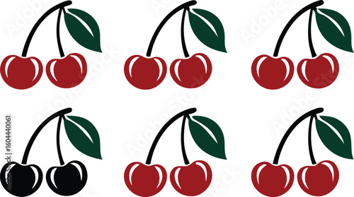 Six cherries silhouette isolated on transparent background