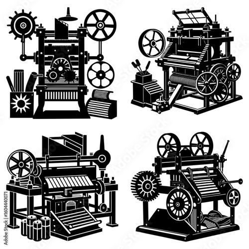 Four vintage industrial printing press machines with gears and wheels in black and white drawing style