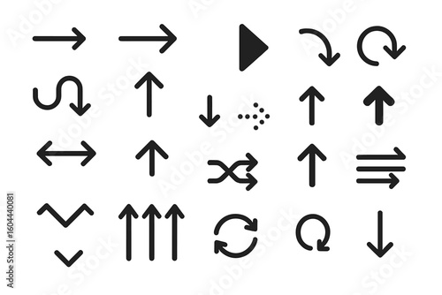 Arrow icon set. Collection of various black direction signs. Vector pointers. Minimalist navigation and web interface symbols. Cursors for up, down, left, right.