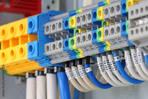 Tableau sur toile Electrical terminals with connected insulated copper wires with metal lugs