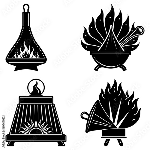 Illustration of four different fire pits with varying designs and flame patterns in black and white
