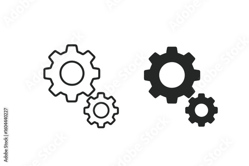 Gear icon set with outline and solid fill styles. Cogwheel vector illustration for technology, engineering, mechanics, and industry. Teamwork and process concept symbol.