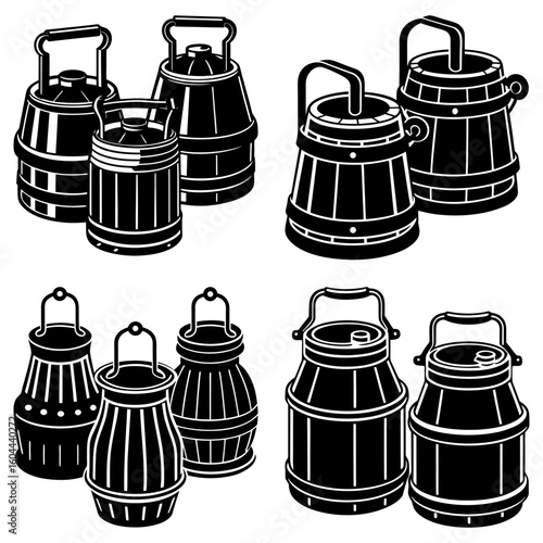 A collection of black and white illustrations depicting various styles of vintage milk cans and containers