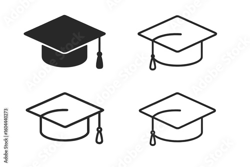 Set of graduation cap vector icons. Academic mortarboard hat symbol for education. Isolated illustration for university, college, school degree ceremony and achievement.