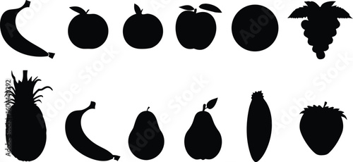 Collection of assorted fruit and vegetable silhouettes isolated on transparent background silhouette