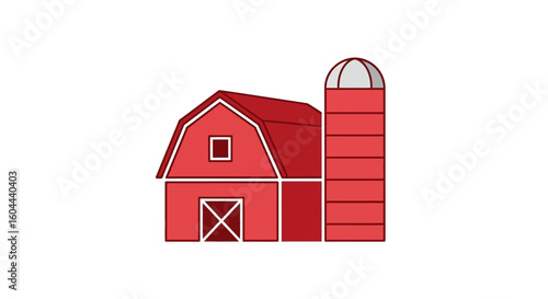 Stylized Illustration of a Red Barn with Silo on White Background for Commercial Use