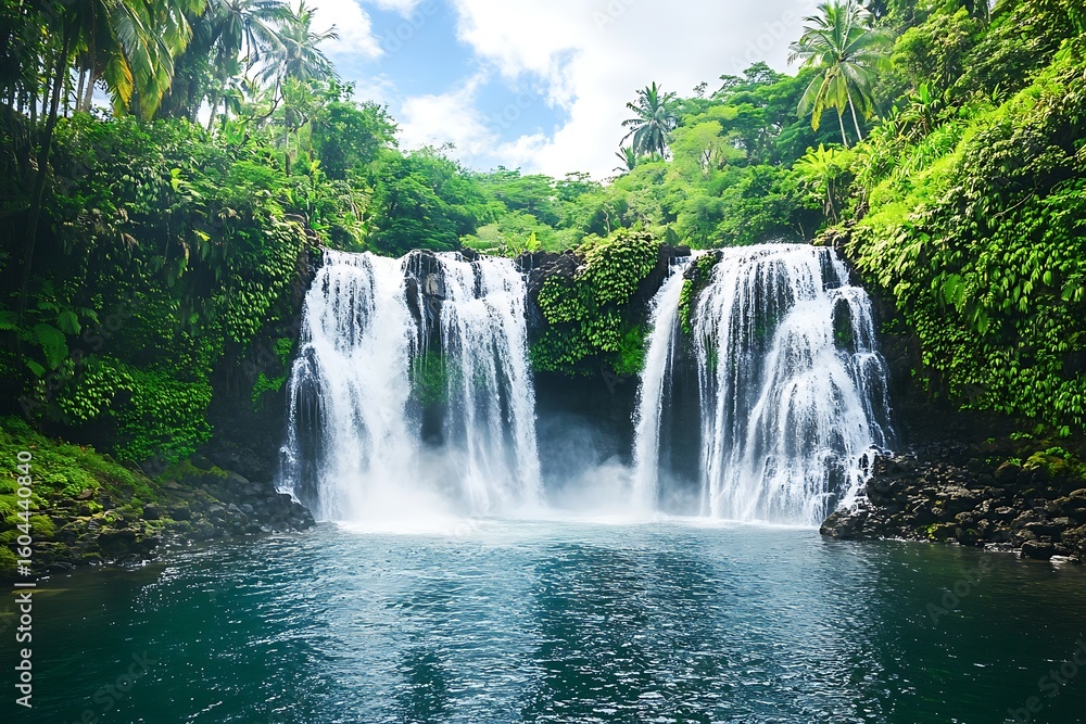 Obraz premium Tropical waterfall landscape with vibrant green foliage and blue water in Samoa, South Pacific