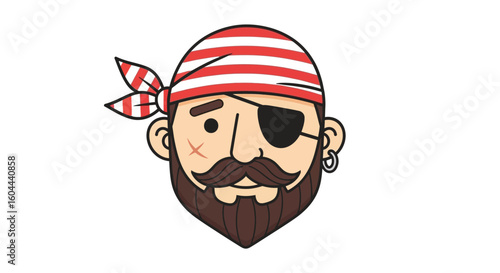 Cartoon Pirate Face with Red Striped Bandana and Eye Patch for Children Books Illustration