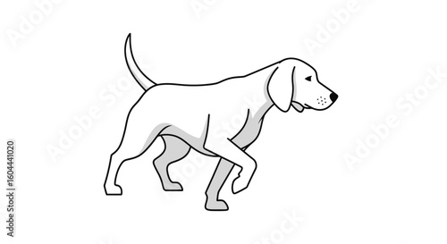 Elegant contour artwork showcases a hound dog in a classic pose ready to sniff around the perimeter for a potential catch