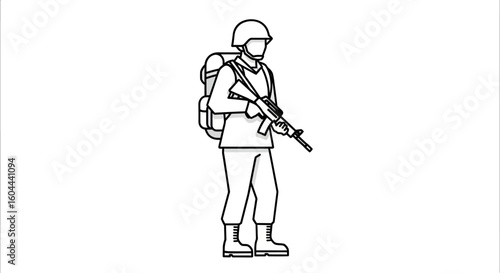 Minimalist Line Art Illustration of a Soldier Standing at Attention With Weapon Military Concept Vector Design Depiction