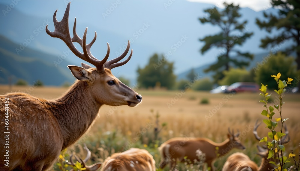 Fototapeta premium a majestic stag in a field with other deer, standing out prominently against the backdrop of a scenic landscape with mountains, trees, and clear skies