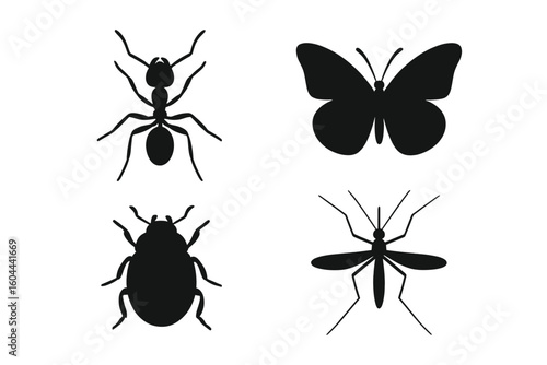 Insect silhouette collection. Diverse bug species vector icon set. Ant, butterfly, beetle, mosquito. Entomology graphic elements. Isolated black on white flat illustration.