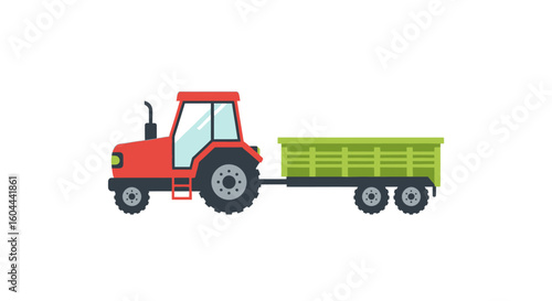Stylized Farming: Red Tractor with Green Trailer Isolated on a White Plain Backdrop