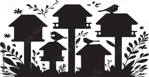 Black silhouette of birdhouses with birds and foliage white