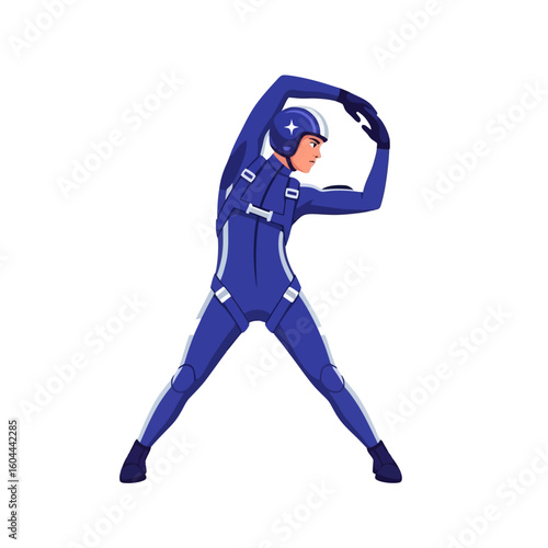 Person in Blue Jumpsuit Stretching Arms Overhead for Warm-up