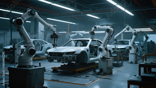 A high-tech robotic assembly line in an automotive factory, featuring multiple robotic arms working on a car chassis.