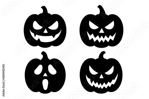 Set of black pumpkin silhouettes for Halloween. Jack o lantern vector icons with scary, spooky, evil carved faces. Holiday ghost monster design elements for autumn party.