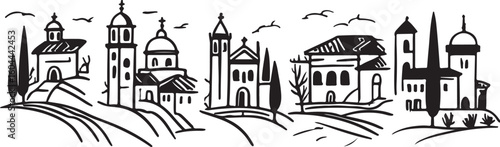 European village landscape with churches and cypress trees architecture towers