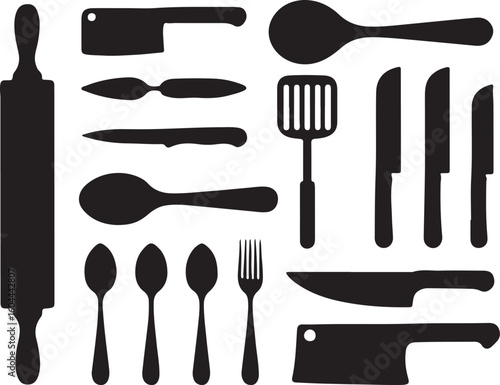 Kitchen Utensils Collection Black Silhouettes kitchenware cooking