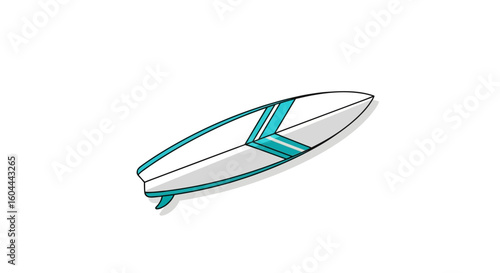 A minimalist surfboard illustration with teal accents, a celebration of coastal adventures and the surfing lifestyle showcased in simplistic design