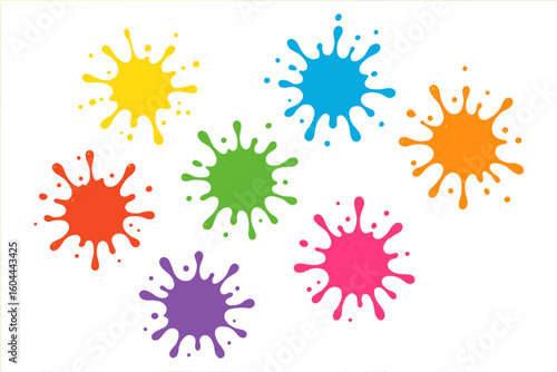 Colorful paint splatters set. Collection of vibrant rainbow color splash, ink blots. Abstract liquid dye drop illustration. Vector graphic design element for creative project.